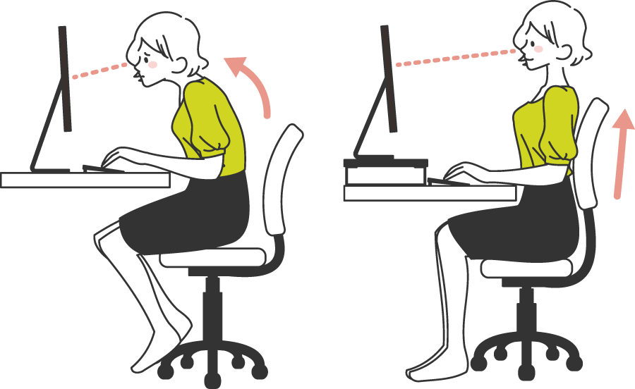 仕事中の女性のイラスト 姿勢が改善する様子